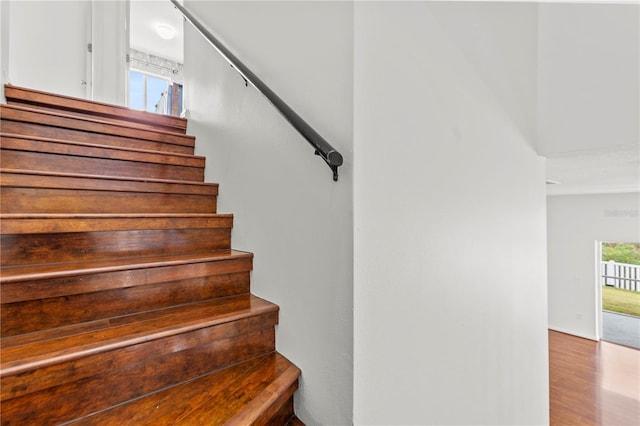 staircase with hardwood / wood-style flooring and plenty of natural light