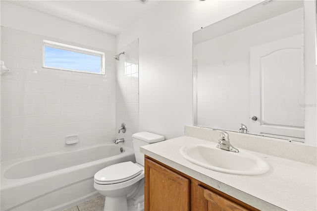 full bathroom with toilet, tile patterned floors, vanity, and  shower combination