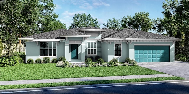 view of front of property with a garage and a front lawn