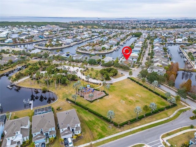 aerial view featuring a water view