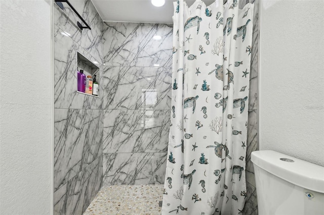 bathroom with toilet and a shower with shower curtain