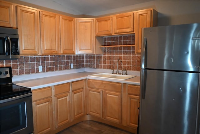 kitchen with dark wood-type flooring, sink, backsplash, and stainless steel appliances