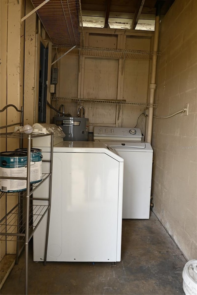 laundry area with water heater and washing machine and dryer