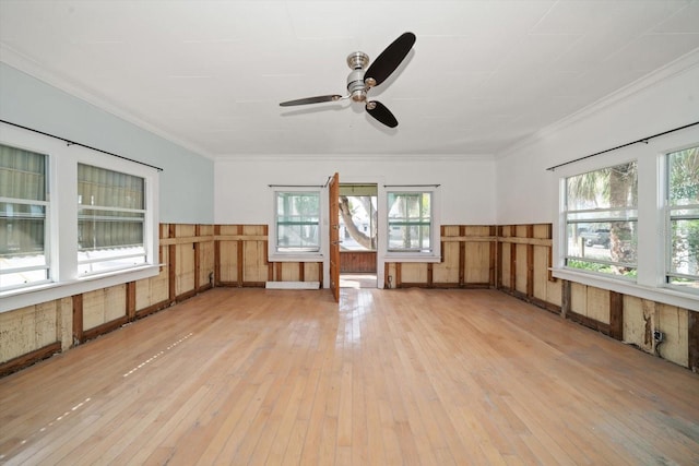 interior space with ceiling fan, ornamental molding, and light hardwood / wood-style flooring