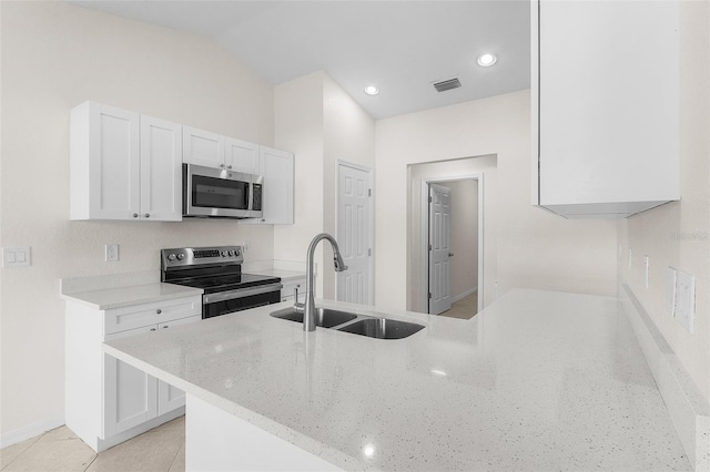 kitchen featuring kitchen peninsula, sink, white cabinetry, light stone counters, and stainless steel appliances