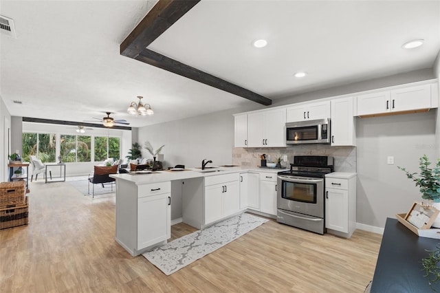 kitchen with sink, white cabinets, stainless steel appliances, and light wood-type flooring