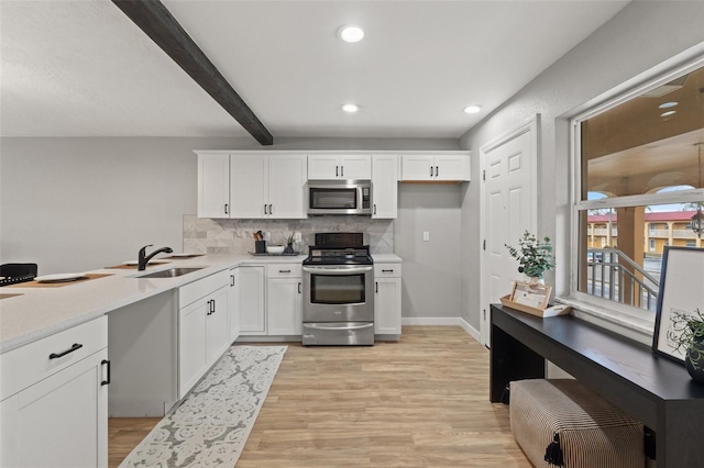 kitchen featuring white cabinetry, appliances with stainless steel finishes, decorative backsplash, sink, and beamed ceiling