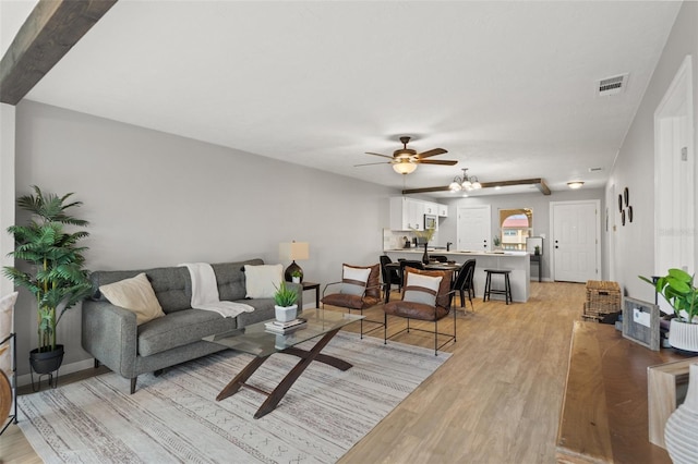 living room with ceiling fan and light wood-type flooring