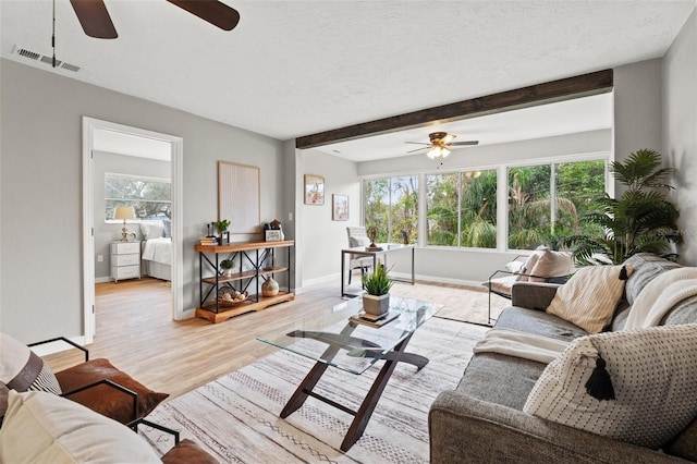 living room featuring ceiling fan, a textured ceiling, beam ceiling, and light wood-type flooring