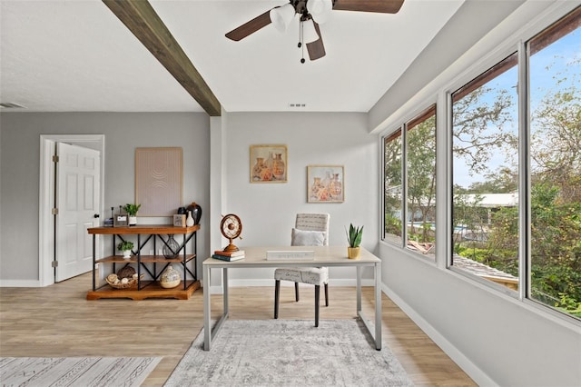 home office featuring beam ceiling, light wood-type flooring, and ceiling fan