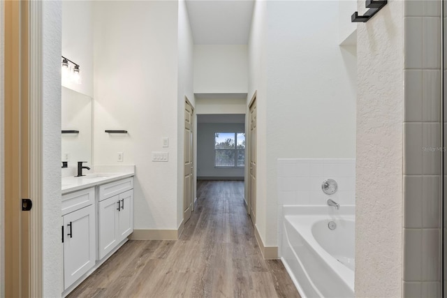 bathroom featuring vanity, wood-type flooring, and a bathing tub