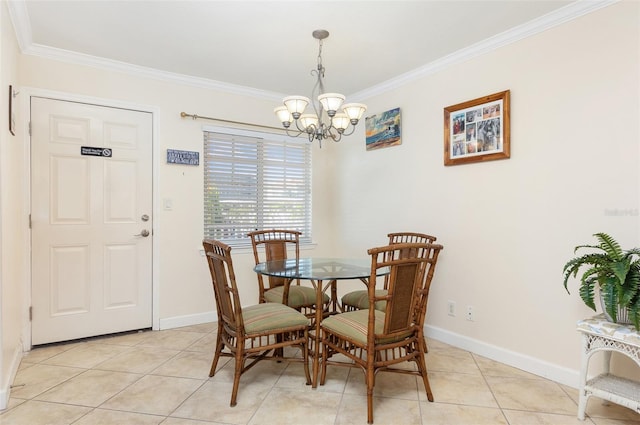 tiled dining area with a notable chandelier and ornamental molding