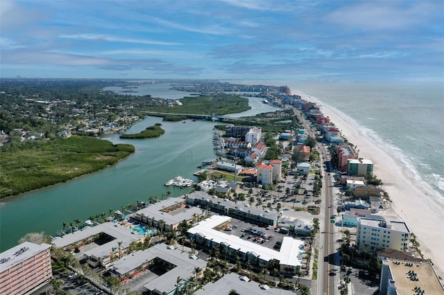 aerial view featuring a view of the beach and a water view