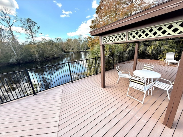 wooden deck with a water view