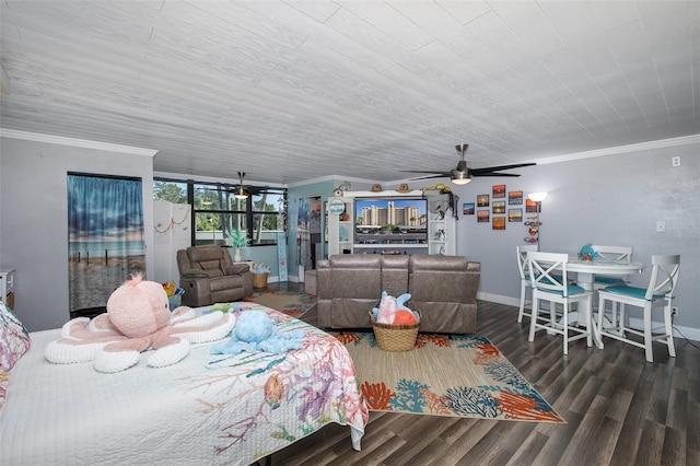 bedroom featuring dark wood-type flooring, ornamental molding, and ceiling fan