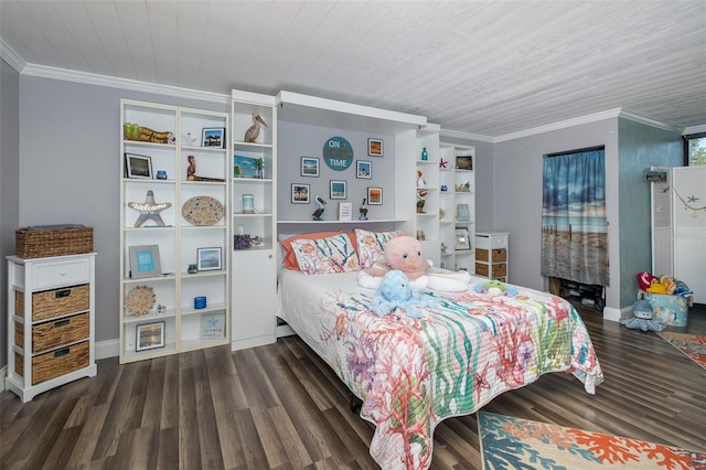 bedroom featuring dark wood-type flooring and ornamental molding