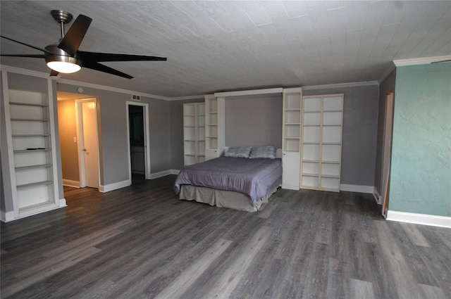 unfurnished bedroom featuring crown molding, ceiling fan, and dark hardwood / wood-style floors