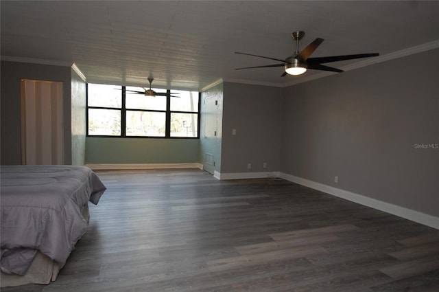 unfurnished bedroom with crown molding, dark wood-type flooring, and ceiling fan