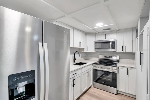 kitchen with white cabinetry, stainless steel appliances, light hardwood / wood-style floors, and sink