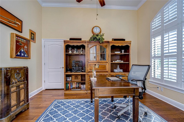 office area featuring light hardwood / wood-style flooring, ornamental molding, and ceiling fan