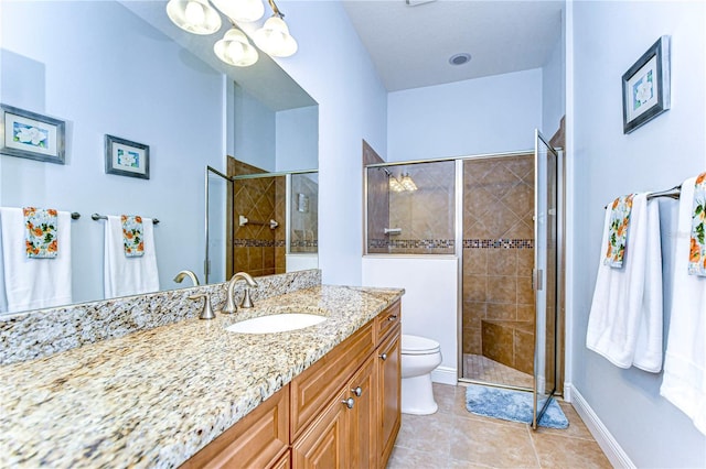 bathroom with tile patterned flooring, vanity, toilet, and an enclosed shower