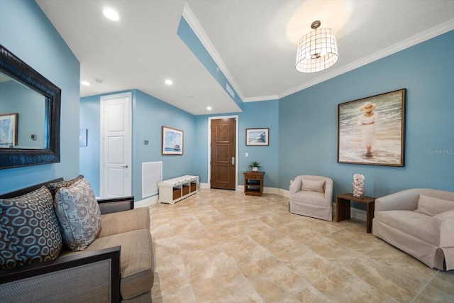 living room with ornamental molding