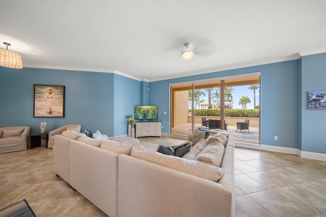 tiled living room with a textured ceiling and ornamental molding