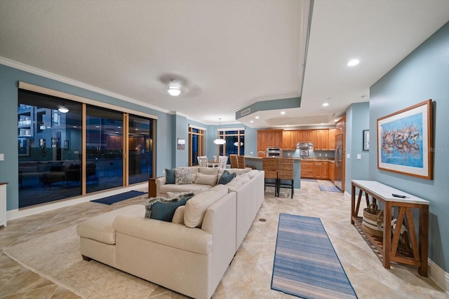 living room with crown molding