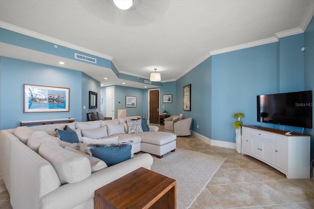 tiled living room featuring ornamental molding