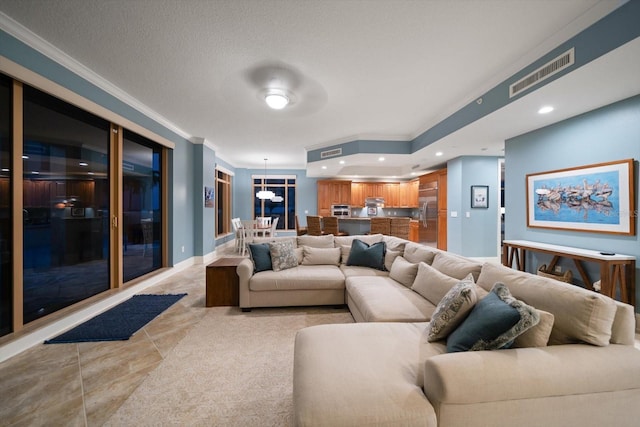 living room with crown molding and a textured ceiling