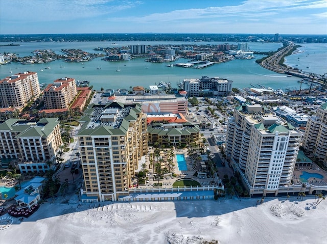 birds eye view of property featuring a water view