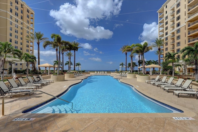 view of swimming pool featuring a patio area