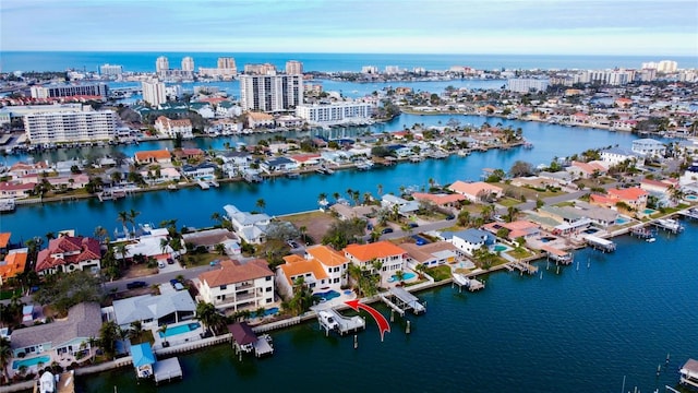 drone / aerial view with a water view