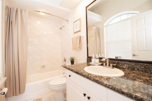 full bathroom featuring toilet, shower / bath combination with curtain, tile patterned floors, and vanity