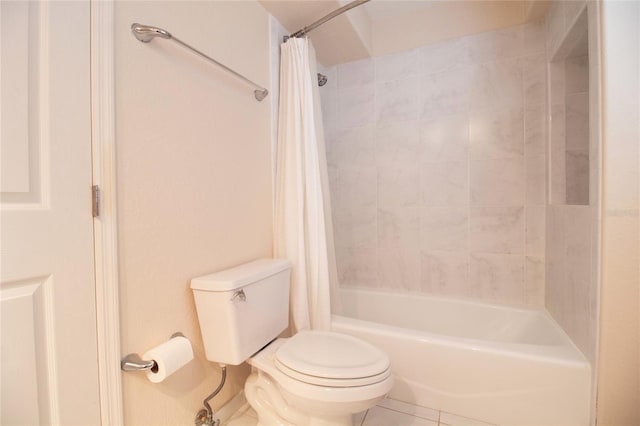 bathroom with toilet, tile patterned floors, and shower / bath combination with curtain