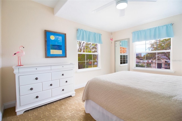 bedroom with ceiling fan, multiple windows, and carpet