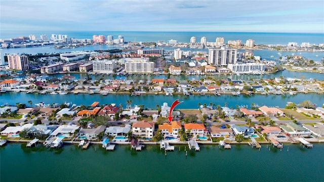 drone / aerial view featuring a water view