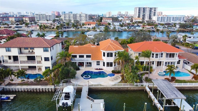 bird's eye view with a water view