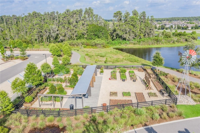 bird's eye view with a water view