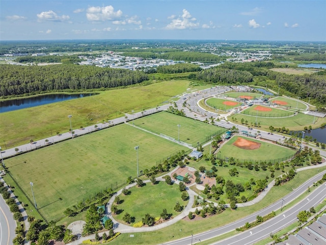 birds eye view of property featuring a water view