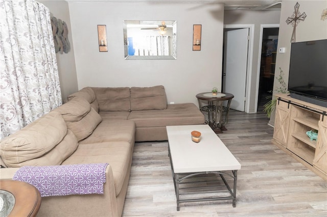 living room with ceiling fan and light wood-type flooring