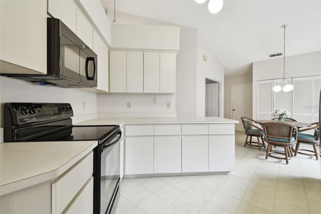 kitchen featuring vaulted ceiling, a notable chandelier, pendant lighting, black appliances, and white cabinets