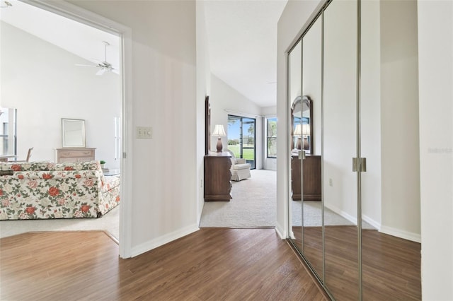 corridor featuring lofted ceiling and hardwood / wood-style floors