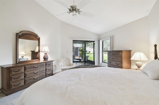 carpeted bedroom featuring access to outside, ceiling fan, and lofted ceiling