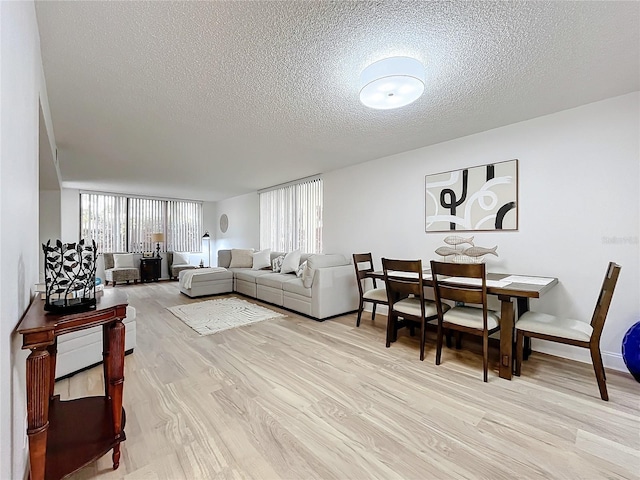 living room with light wood finished floors, baseboards, and a textured ceiling