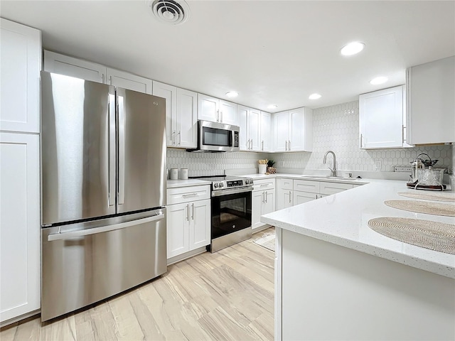 kitchen with stainless steel appliances, a sink, white cabinetry, visible vents, and decorative backsplash