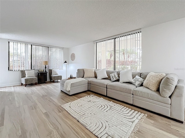 living room with a textured ceiling and wood finished floors