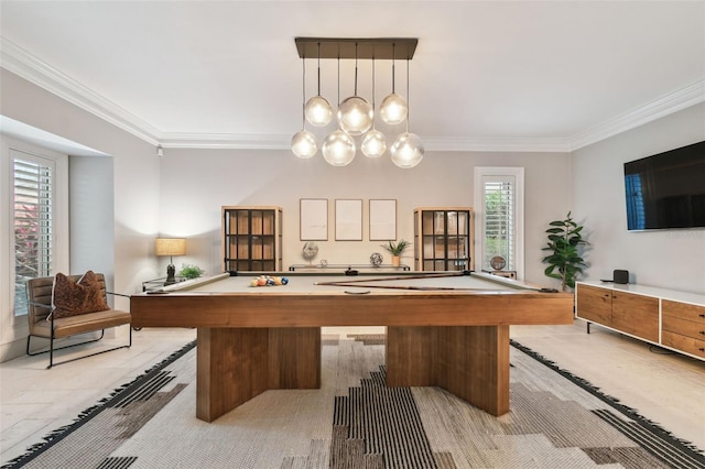 recreation room featuring billiards and crown molding