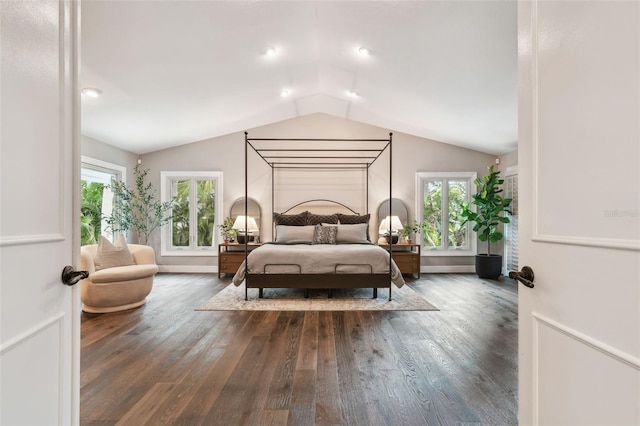 bedroom featuring vaulted ceiling and dark hardwood / wood-style floors