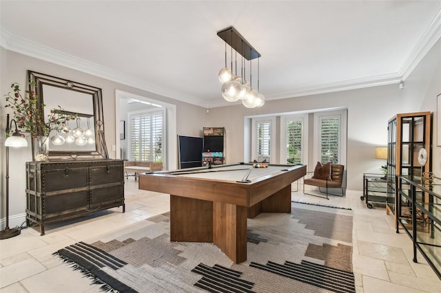 rec room featuring a wealth of natural light, crown molding, and pool table